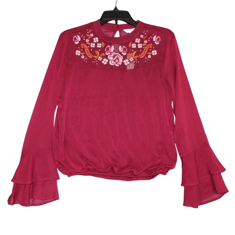 Charming Charlie Cottage Core Floral Embroidered LS Flowy top Boho Chic Small